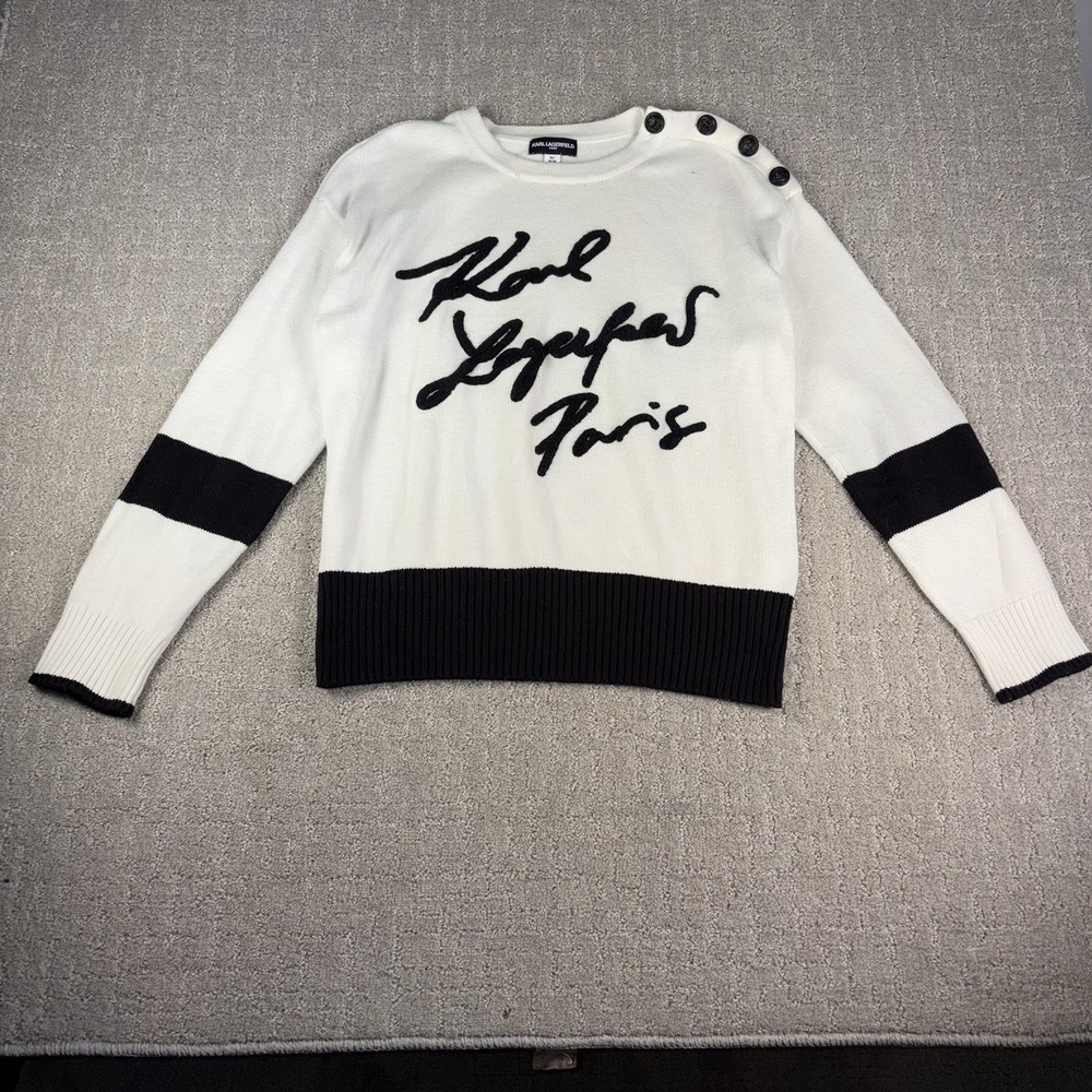 Karl Lagerfeld Paris Women Script Graphic Knit Sweater Top White Black Medium